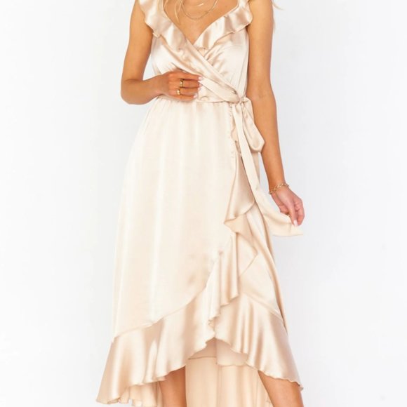 Show Me Your Mumu Samantha Ruffle Wrap Dress Champagne Luxe Satin XXS - Picture 4 of 4